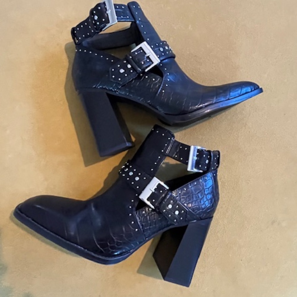 NWOB Zara Black Faux Croc Studded Heeled Cowboy Moto Boots Sz 9 Goth Grunge